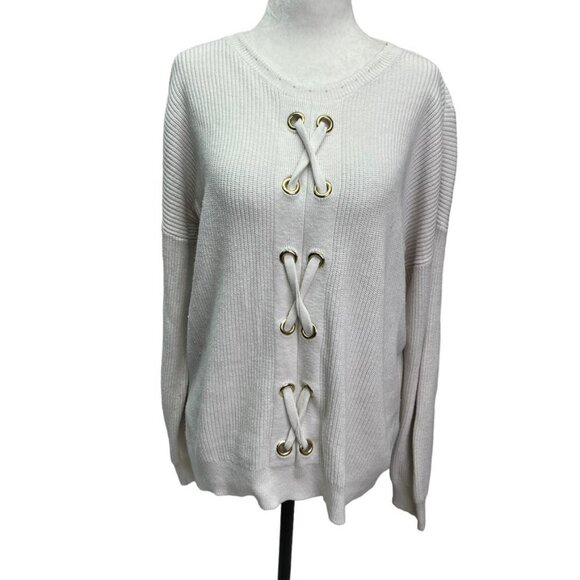 Michael Kors Cotton Blend Beige Lace Front Pullover Sweater Size L - Picture 1 of 10